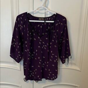 Yumi Kim 100% Deep Purple V-Neck Blouse with Cream Bird Print